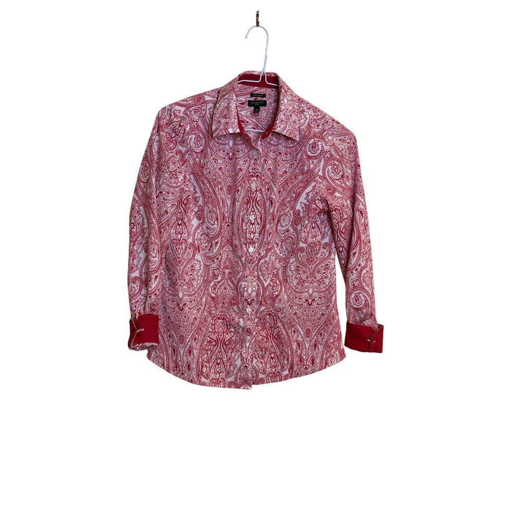 Talbots Petites Red White Paisley Wrinkle Resistant Button Down Shirt 4P